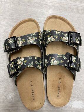 Madden Girl Black Floral Double-Buckle Slide Sandals